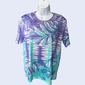 Allison Daley tropical leaf print tee shirt purple teal crewneck 90s M